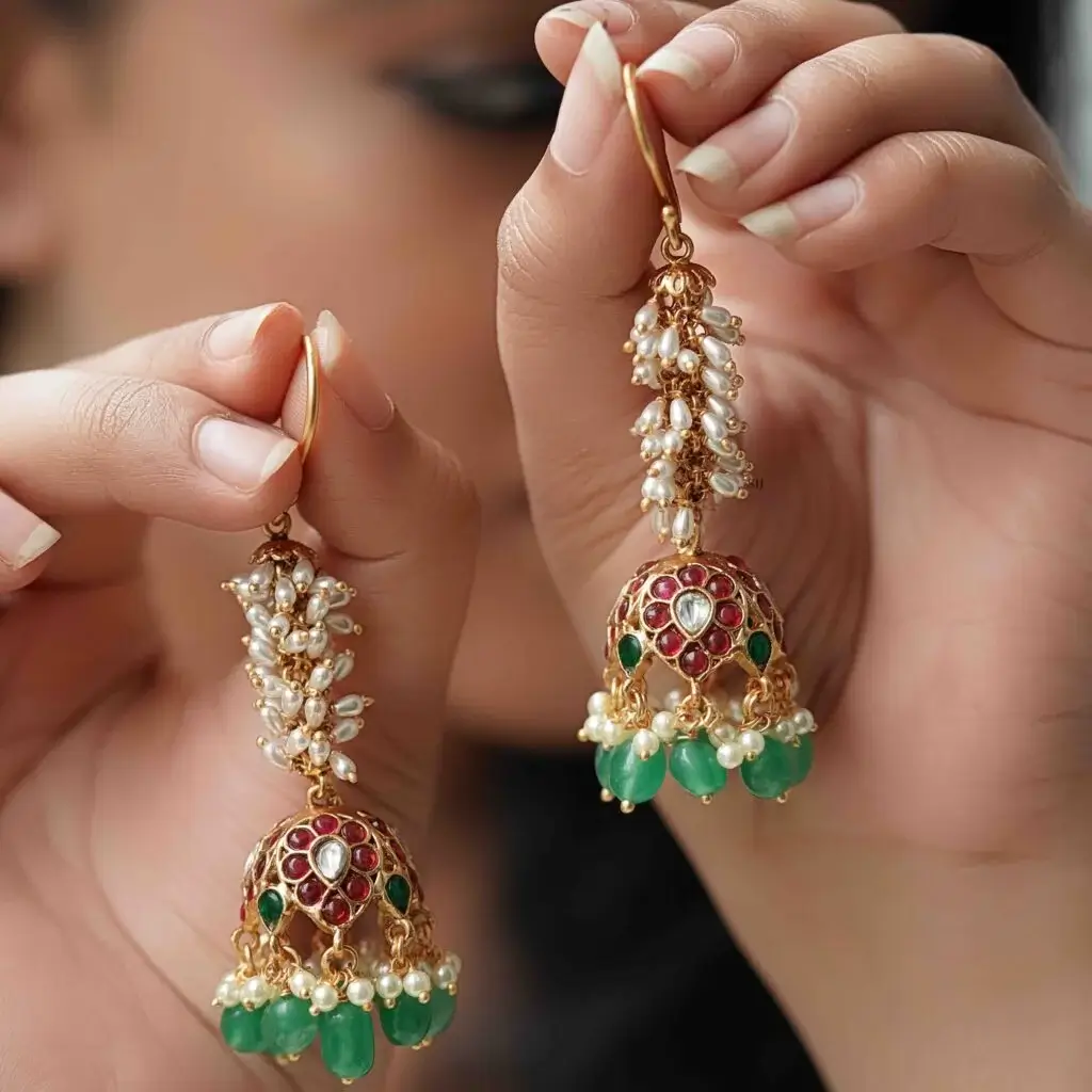 Best Pearl Ruby And Emerald Hook Jhumkas.Jwellery Earings in valanchery