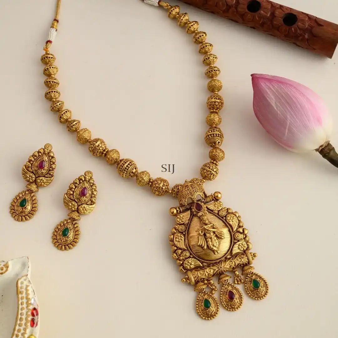 Best  Gold Krishna Design Beaded Long Necklace Temple Style Necklace Designs